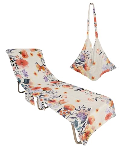 Orange Floral Beach Chair Towel Covers for Chaise Lounge with Side Pocket, Soft Plush Pool Towels Cover for Patio Sunbathing Outdoor 29''x85'' Retro Watercolor Wildflower Herb
