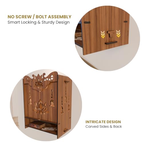 Image of NIVED YAMUNA Engineered Wood Mandir with Door | Spotlight | Extra Storage | 21 x 16 x 10.5 inch | Wall Mountable | No Screw /Bolt Screw Assembly | Home Temple | Pooja Stand | Colour: Walnut