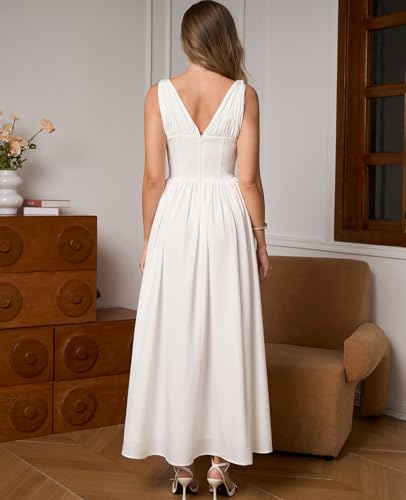 GLNEGE Women's Summer Corset Midi Milkmaid Dress Casual V Neck Flowy A Line Sundress Wedding Guest Dresses with Pockets 20253