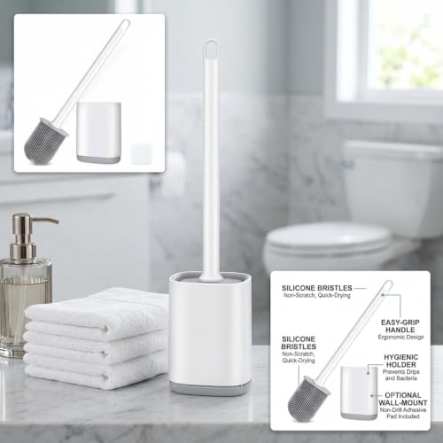 Image of Toilet Brush and Holder Set for Bathroom, Flexible Toilet Cleaning Bowl Brush Head with Silicone Bristles, Compact Size for Storage and Organization (Multicolor)