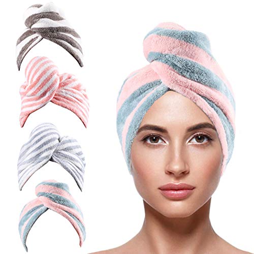 Gemily Microfiber Stripe Hair Towel Wraps Absorbent Bath Hair Turbans Set Fast Drying Hair Cap with Buttons for Women and Girls?Pack of 4 (Pink/Blue/Brown/Pink)