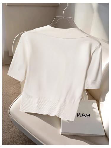 GORGLITTER Women's Short Sleeve Cardigan Sweaters Casual Knit Button Down Collared Sweater Top2