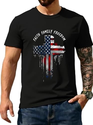 CJQCJQ Patriotic Shirts for Men Faith Family Freedom T Shirt Dripping Cross Print Tee(F19-Black XL)