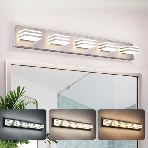 Image of LED Wall Brushed Nickel Vanity Lights for Bathroom Light Fixtures 30W Adjust 3 Colors Modern Bath Lighing Over Mirror LED Vanity Light (5-Light,34inch)