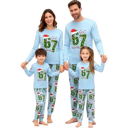 67 Pajamas for Men Fall Fashion 2025 Family Christmas Pajamas Matching Sets Six Seven Xmas Pjs Sleepwear Comfy Long Sleeve 6 7 Holiday Loungewear Plus Size Couples Jammies Light Blue