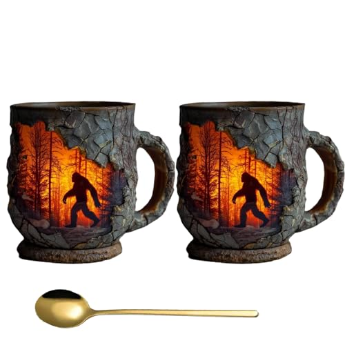 Taza Bigfoot Forest Fire, relieve 3D + silueta del bosque Tazas Bigfoot, tazas especiales, taza de café Bigfoot, taza para acampada al aire libre y fogatas Sasquatch, amantes de la naturaleza 2PC