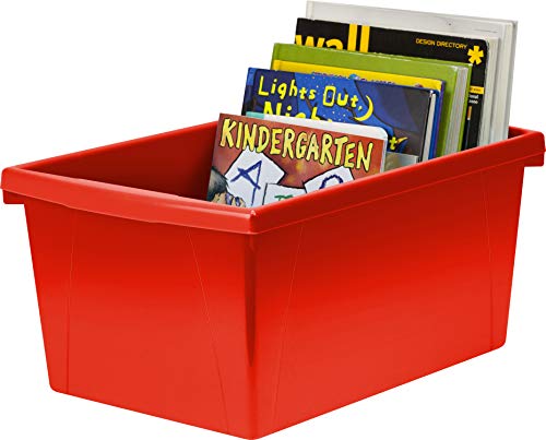 Image of Storex 5.5 Gallon Storage Bin - Plastic Classroom Organizer for Books and Supplies, Red, 1-Pack (61483C06C)