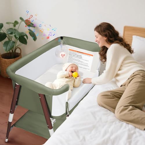 Image of JevrJeur Baby Bassinet, 3 in 1 Bedside Bassinet Sleeper for Newborn, Portable Baby Crib with 4 Detachable Wheels & Adjustable Height, Breathable Mesh & Mattress, Mosquito Net& Storage Basket (Green)