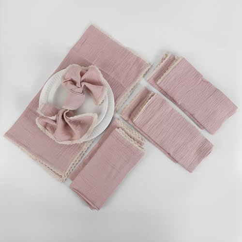 Image of FINGERCRAFT Cloth Napkins Set of 8, 20x20 Inch, Soft Cotton Muslin Dinner Napkins with Lace Edge, Reusable Washable Table Napkins for Wedding, Party, Dining & Home Decor (Peach Wipe)