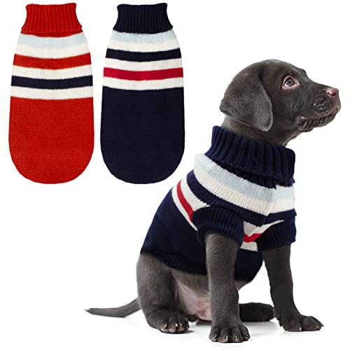 Rypet Gestreifter Hundepullover - warmer Strickpullover, weiche Rollkragen-Strickwaren, Hunde-Winterkleidung für kleine, mittelgroße und große Hunde, 2 Packungen Cover