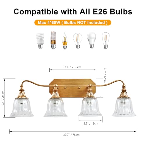 Image of LmnLvn Brushed Gold 4-Light Bathroom Light Fixture, Crystal Glass Shade