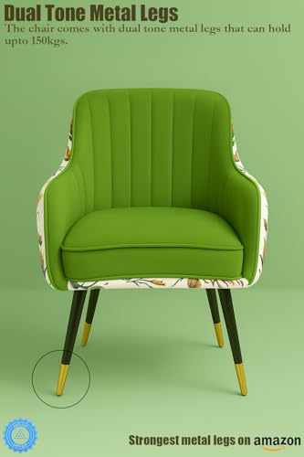 Image of Designer Accent Chair with Floral Printed Back & Footstool | Velvet Lounge Chair for Living Room, Makeup Vanity & Bedroom (Parrot Green Floral)