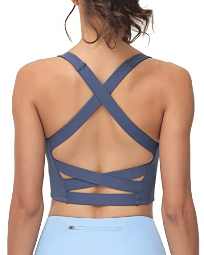 romansong Sutiãs desportivos de ioga com tiras para mulher, com enchimento, costas cruzadas, Azul Ma