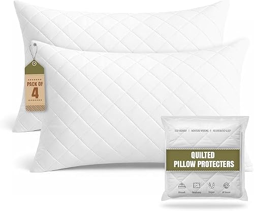 Grace White Quilted Pillow Protectors 2 Pack - Premium Microfiber Pillow Protectors With Zip - Ultrasoft & Breathable Anti-Allergy Pillow Cover