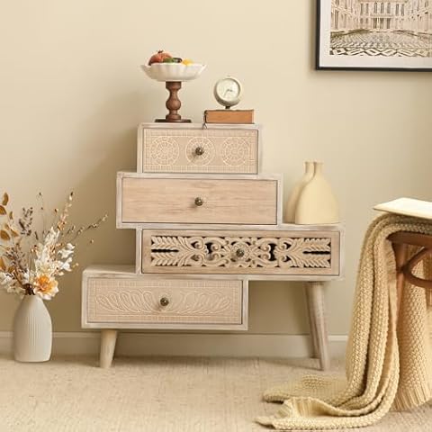 Ahokua Farmhouse Accent Chest with 4 Hand-Carved Drawers, Asymmetrical Rustic Storage Cabinet, Boho-Chic Decorative Cabinet for Living Room, Entryway, or Hallway, Light Beige Wood Finish Cover