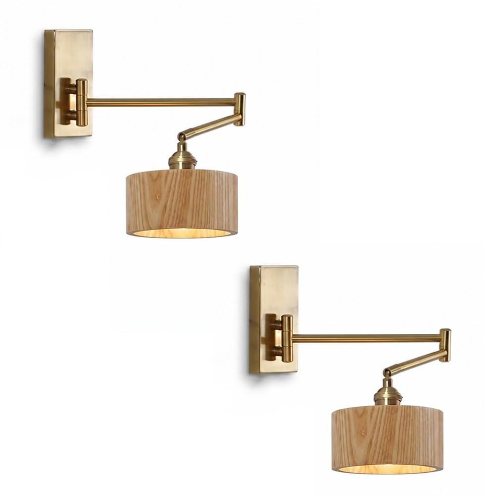 ITOSUI Swing Arm Wall Sconce with Solid Wood Shade Gold Metal Base Adjustable Reading Wall Lamp Hardwire Connection Bedside Lamp for Bedside Bedroom Study Living Room Hallway E26 Base(Wood,2-Pack)