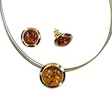 inklusive Geschenkkarton Elegantes rundes Bernstein Schmuck-Set von Artisana-Schmuck, Anhänger und Ohrringe aus 925/000 Sterling Silber vergoldet und Bernstein, Halsreif aus 6-fach Edelstahldraht in bicolor