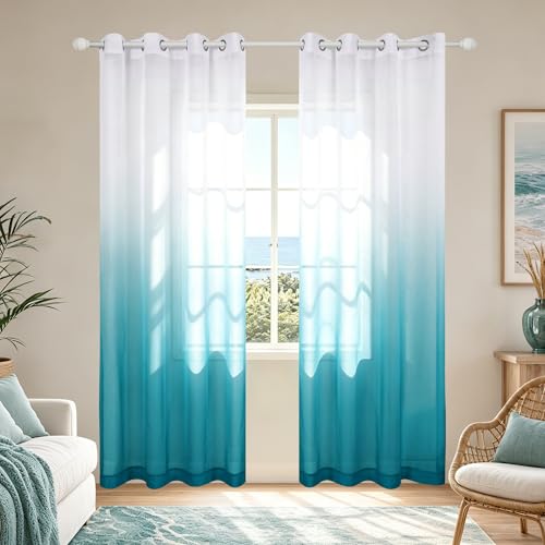 KOUFALL Lot de 2 voilages à œillets pour Chambre à Coucher, Salon, Salle à Manger, 132,1 x 213,4 cm, Motif ombré Bleu Marine/Bleu Turquoise