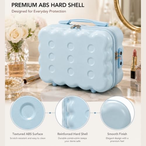 Image of BLUE BEADS Travel Makeup Case with Lock & Luggage Strap, ABS Hard Shell Cosmetic Vanity Case, Portable Makeup Organizer for Women, Beauty Storage Box for Makeup & Toiletries (Blue, Model 2)