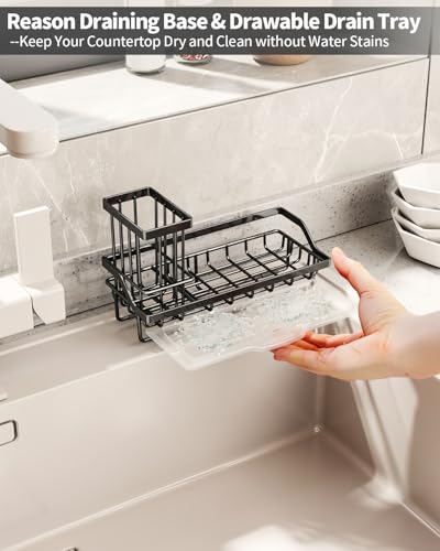 SWTYMIKI Sink Caddy Sponge Holder - Kitchen Sink Organizer with High Brush Holder for Countertop by The Sink Holding Dish Soaps and Sponges, Stainless Steel, Black