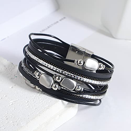 Hotoo Beaded Leather Wrap Bracelet For Women Black Boho Handmade Bracelets Teen Girls Layered Cute Rhinestone Cuff #TOP5