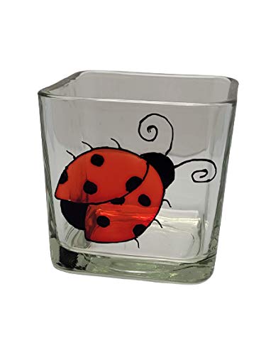 Red Ladybug Hand Painted Stained Glass Square Candle Holder Home Decor