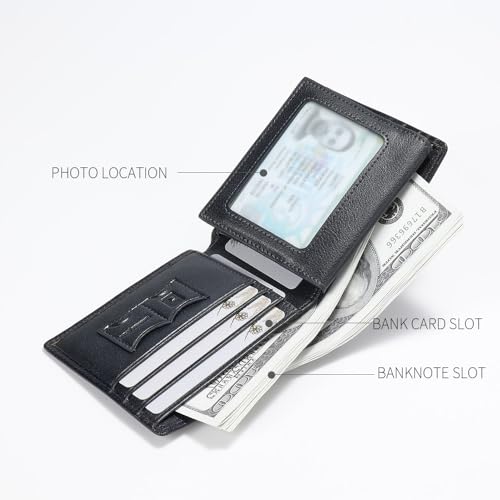 Image of Mens Trifold Leather RFID Blocking Wallet with 2 ID Windows 2 Cash Compartments 6-8 card slots 2-3 inside slots Large Capacity Wallet