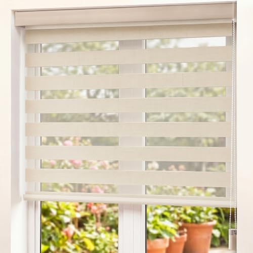 Image of Story@Home Zebra Blinds for Windows W 3 ft x H 7 ft | Dual Layer Roller Shades for Day and Night Privacy, Light Filtering Sheer Blinds for Home and Office, Modern Window Treatments - Beige