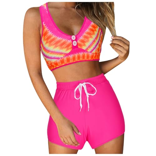 Conjunto de dos piezas Deportivo Mujer con Pantalones Cortos Divididos Traje de Baño Sastre Moda Playa Piscina, rosa, XL