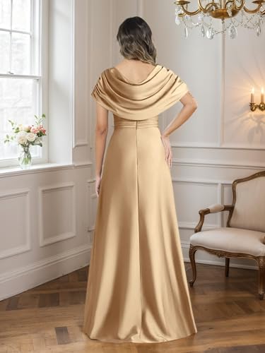 Satin Mother of The Bride Dresses for Women Cape Sleeve A Line Long Formal Party Dress with Slit2