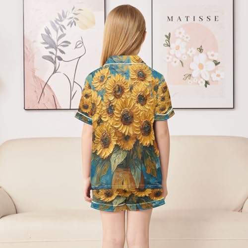 ALAZA Oil Painting Sunflower Leaf Floral Blue Satin Pajamas Set Short Sleeve Button Down Sleepwear Summer Pjs 2 Piece4