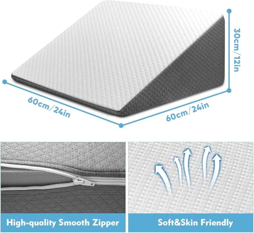 Wedge Pillow for Sleep Apnea, Bed Wedge Pillow for Headboard, Headboard Triangle Pillow Wedge for Acid Reflux, After Surgery, Snoring, Cooling Memory Foam Top, Removable Cover, 24x24x12Inch