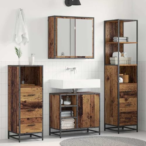 WRJENFSC Armario de baño de madera reciclada - 65 x 33 x 60 cm - Mueble alto compacto con espejo - Mueble bajo para espacios pequeños