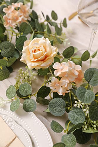 Serra Flora 6Ft Artificial Flowers Eucalyptus Garland With Roses Flower Vine Greenery Garland Hanging Plant For Wedding Party Arch Table Arrangement Indoor Outdoor Backdrop Wall Decor (Champagne) #TOP3
