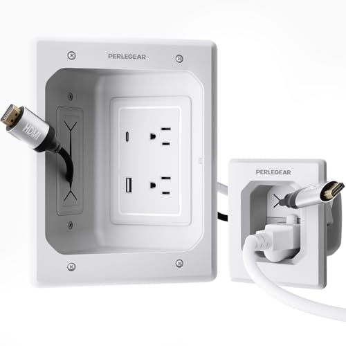 Perlegear TV in-Wall Cable Management Kit, USB and Typ C Ports Cord Hider for Wall Mount TV with Recessed Power, Includes Drill Templates, Dust Bags, Drywall Saw, Extension Cable