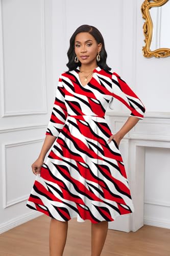 Image of Max2co Midi Dresses for Women Semi Formal Fit and Flare A-Line Swing Dress 3 /4 Sleeve Church Cocktail Dress with Pockets
