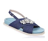  TWIN-SET - Sandalia azul de denim, bandas cruzadas, con aplicaciones de flores con strass, corazón con logo en la correa trasera, Niña, Niñas, Mujer, Mujeres-38