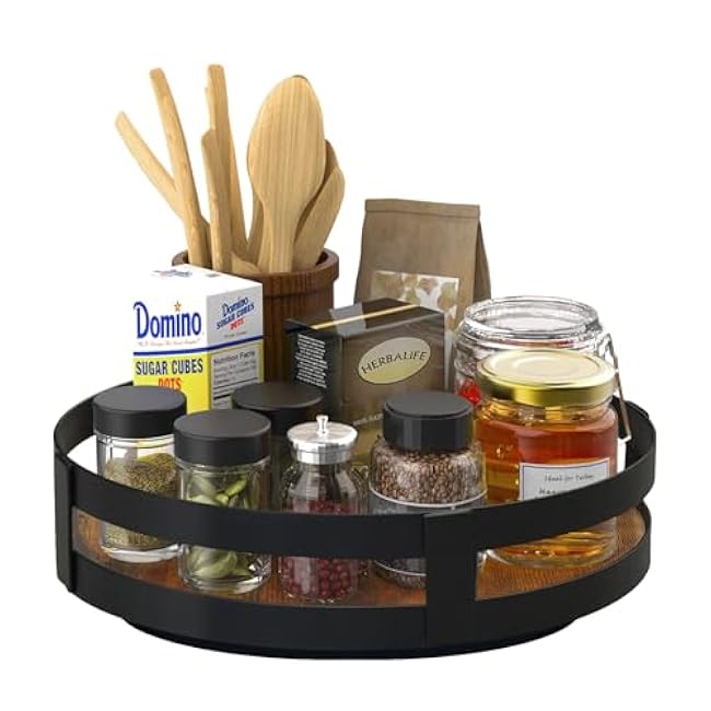 9.8 Lazy Susan Turntable Organizer for Cabinet, Rustic Wooden Storage with Metal Railing, Round Rotating Tray for Countertop, Living Room, Bathroom
