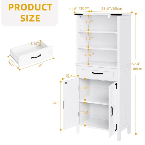 DWVO 58" Tall Storage Cabinet Bathroom Storage Cabinet with Doors and Shelves, Large Floor Cabinet White Bathroom Cabinet Versatile Kitchen Pantry for Kitchen, Dining Room, Pearl White