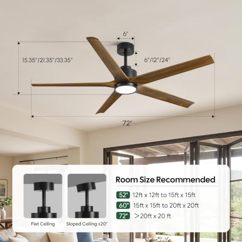 72 Inch Outdoor Ceiling Fan with Lights and Remote, Large Farmhouse Ceiling Fan, 5 Walnut Finish Wood Blades, High CFM Reversible DC Motor, Dimmable 3CCT LED, 6-Speed Modern Ceiling Fans for Patios by NWIASS - Used condition - Image 5