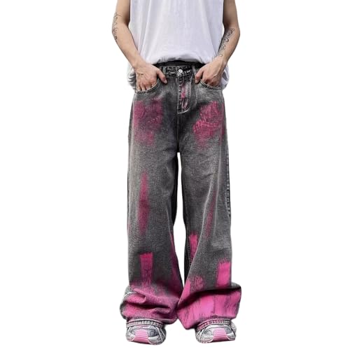 Baggy Jeans Men Two Tone Splatter Paint Y2k Jeans Men Washed Streetwear Tie Dye Parachute Wide Leg Denim Pants