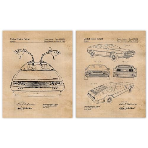 Classic DMC Auto Patent Prints, 2 (11x14) Unframed Photos, Wall Art Decor Gift for Home DeLorean Office Gears Garage Work Shop Engineer Design School College Student Teacher Coach 80s Fans