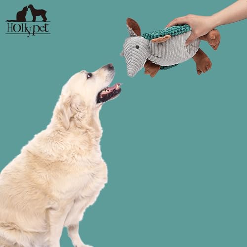 Image of Hollypet Plush Dog Squeaky Toy Stuffed Armadillo Animal Pet Puppy Chew Toys with Clean Teeth for Small Medium Large All Breed Sizes Dogs, Deep Green, 10in