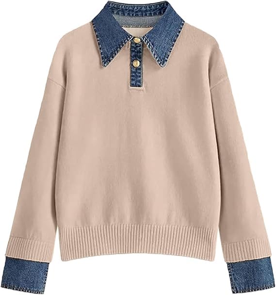 Apvirdy Womens Oversized Sweater Long Sleeve Denim Panel Collared V Neck Pullover Knit Tunic Sweaters Tops