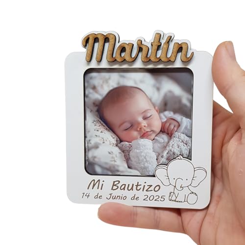 Creaciones mabeca Marco de Fotos Bautizo Personalizado con Imán – Detalle Invitados Original con Nombre y Fecha – Recuerdo Bautizo Niño o Niña