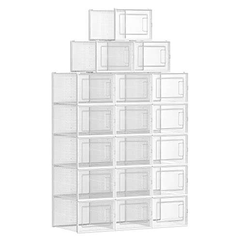 SONGMICS Shoe Boxes, Pack of 18, Foldable, Shoe Storage, Size up to 11, Transparent and White LSP18MWT
