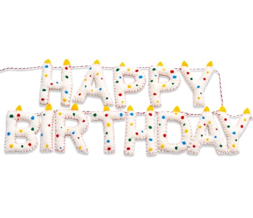 Pre-Strung Happy Birthday Banner Handmade Wool Felt HAPPY BIRTHDAY Garland, Reusable Rainbow Party Decorations,Personalized Holiday Sign for Kids Birthday Party Decor,Photo Prop (Confetti Dots Banner)