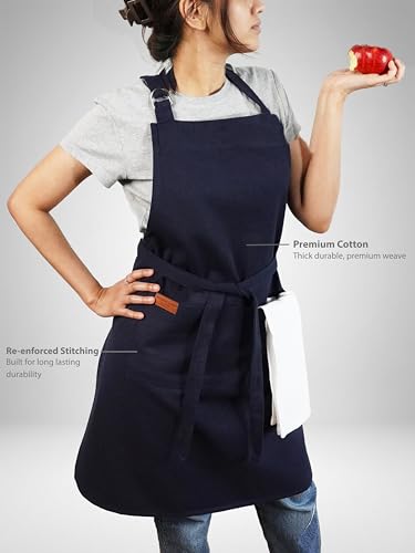 Image of Kitchen Apron - 100% Cotton, Adjustable Neck strap, Large Pocket - Unisex Apron for Men & Women - Cooking, Baking, BBQ, Gardening - Solid Colours, Striped and Checkered Patterns