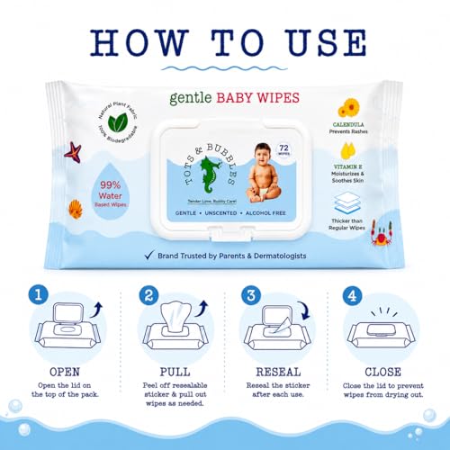 Image of Tots & Bubbles 99% Pure Water Baby Wipes | Plant Based, Unscented Newborn Wet Wipes, Thick & Gentle for Sensitive Skin - 72 Count with Lid (Pack of 5)