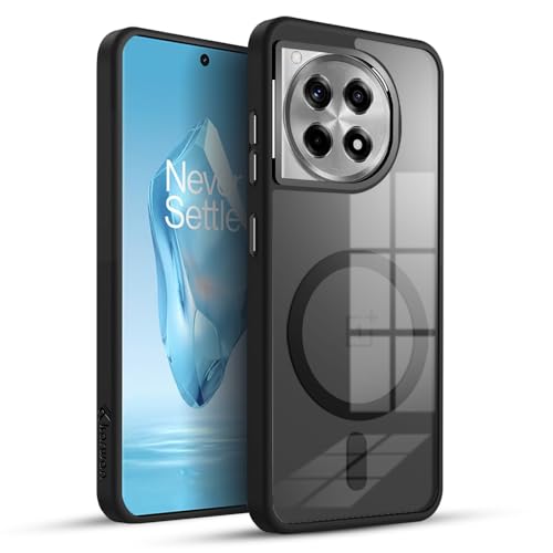 Image of KARWAN Translucent Hybrid Back Case Cover Compatible with Oneplus 12 Shockproof Case with Camera Protection, N52 Magnet Cover Case with Magnetic MagEaze Wireless Charging Cover (Black)